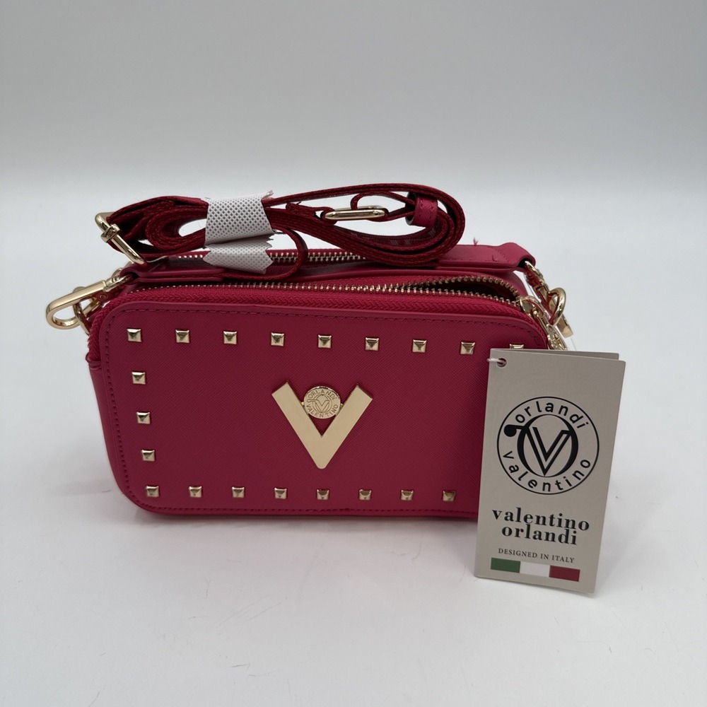 Valentino Orlandi Womens Purse Cross Body Bag Logo Strap Pink Designer New